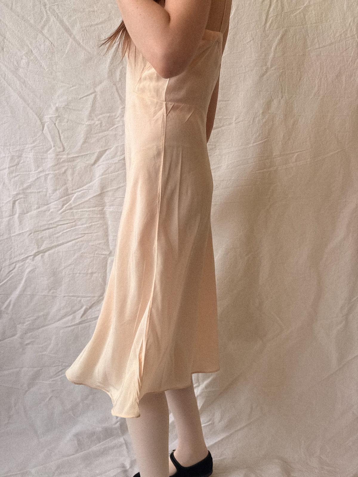 1930s Peach Silk Bias Cut Slip Dress with Art Deco Fagoting Detail
