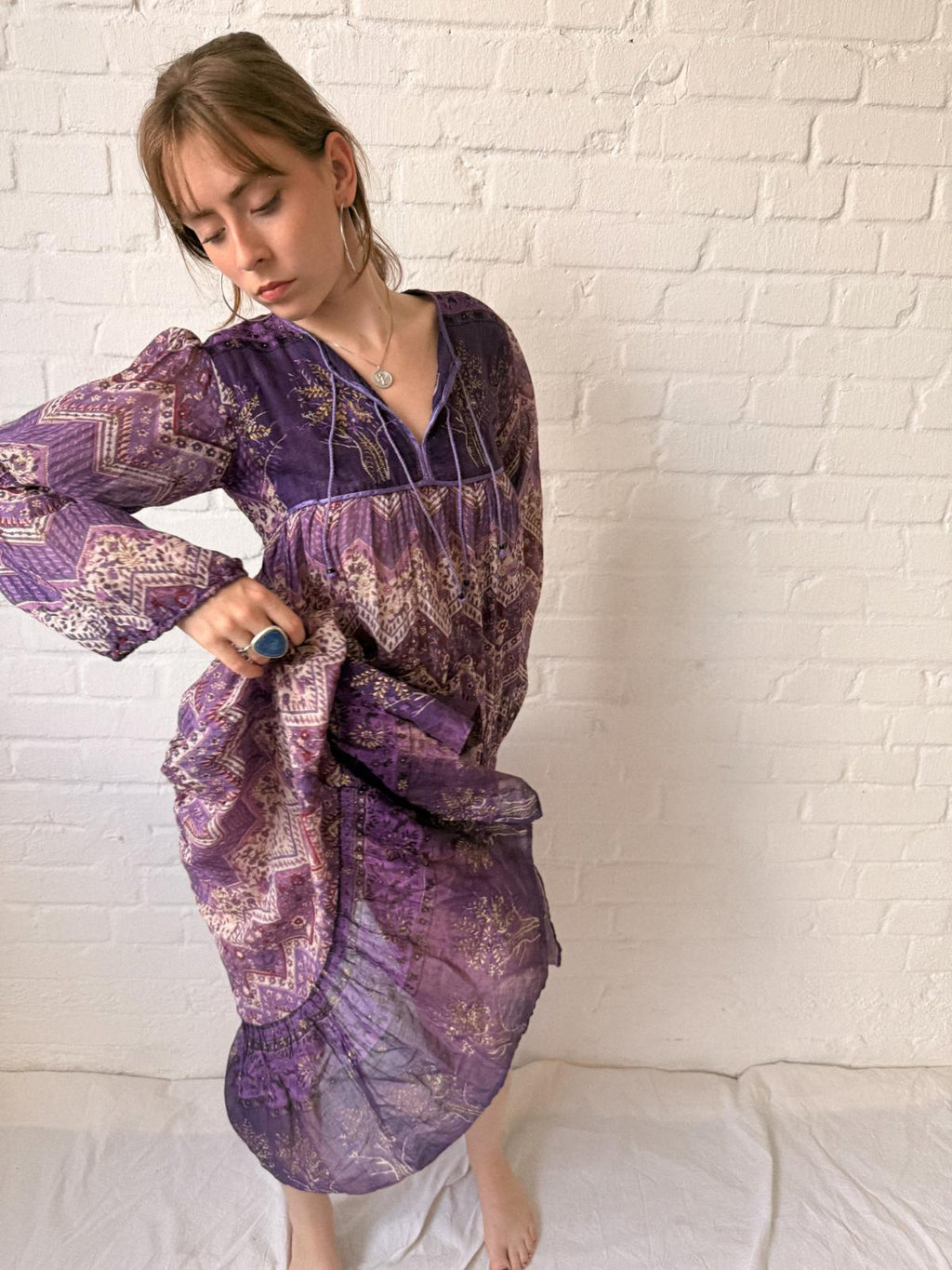 1970s Indian Cotton Gauze Maxi Dress with Tree Print and Gold Stamped Details
