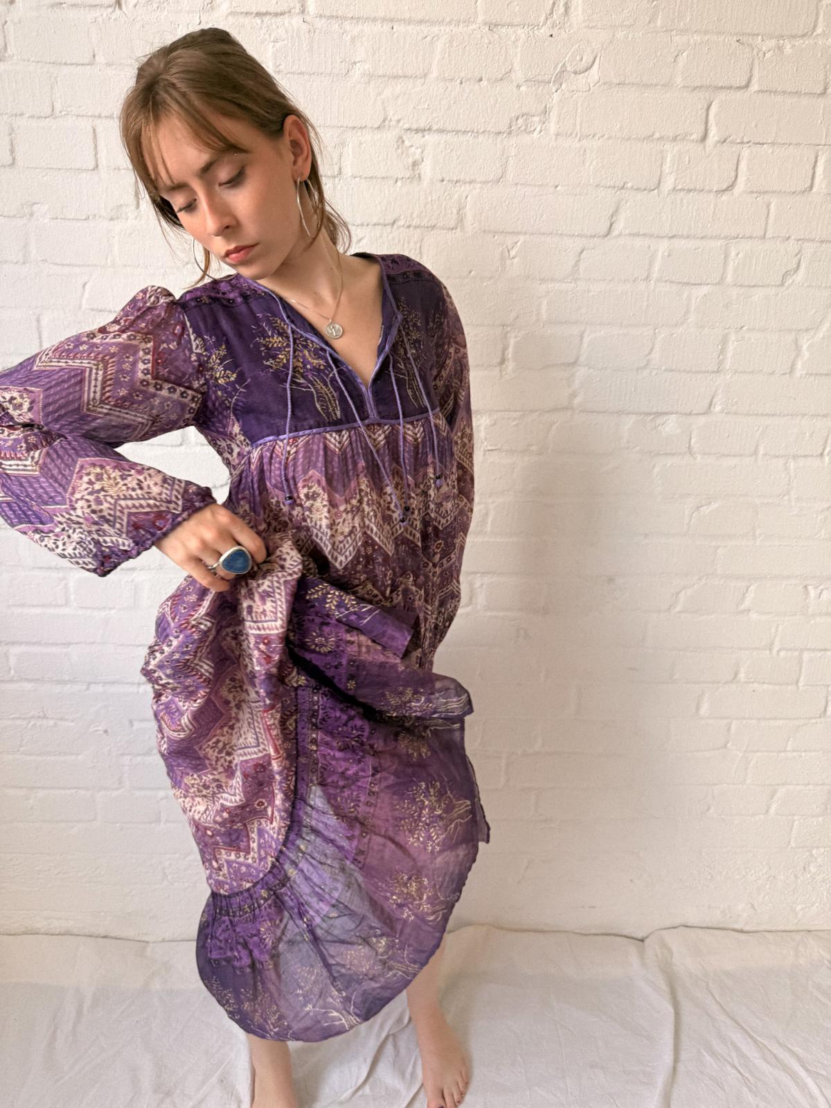 1970s Indian Cotton Gauze Maxi Dress with Tree Print and Gold Stamped Details