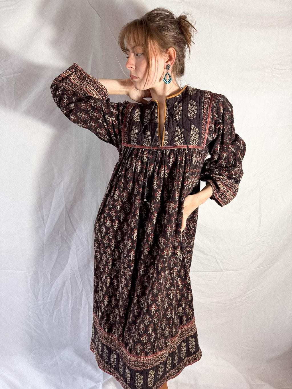 1970s Indian Block Print Cotton Dress with Quilted Yoke and Hem