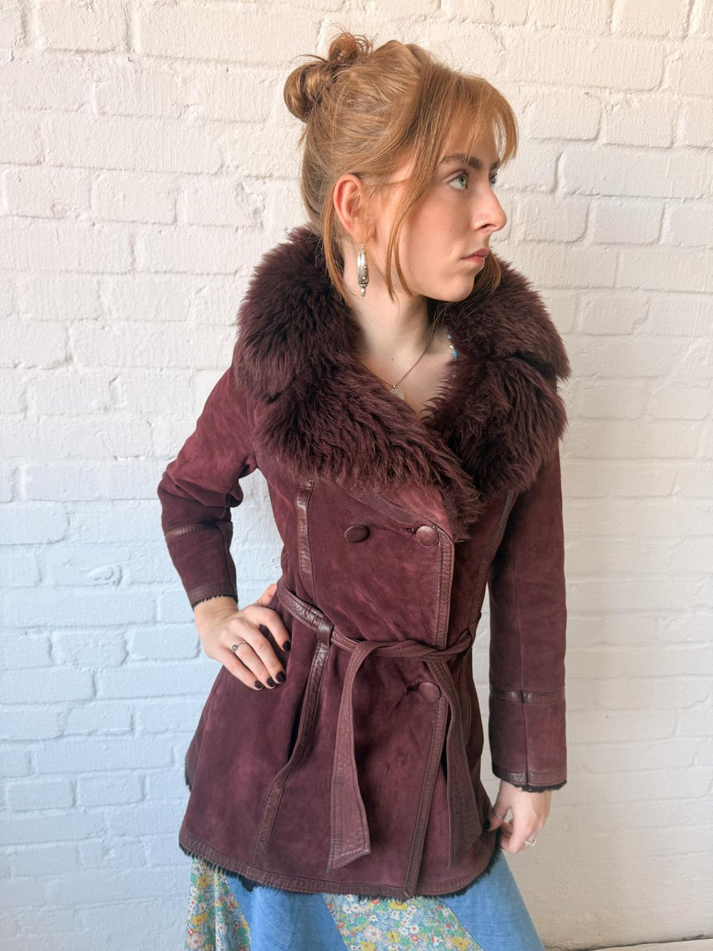 1970s Aubergine Suede & Shearling Coat with Oversized Fur Collar
