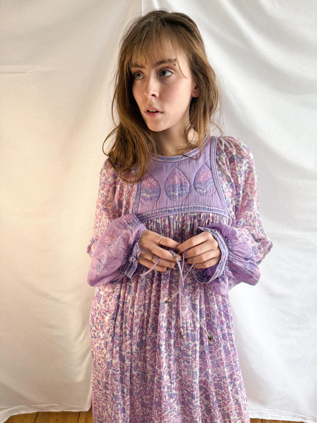 1970s Lavender Indian Cotton Gauze Dress with Quilted Yoke