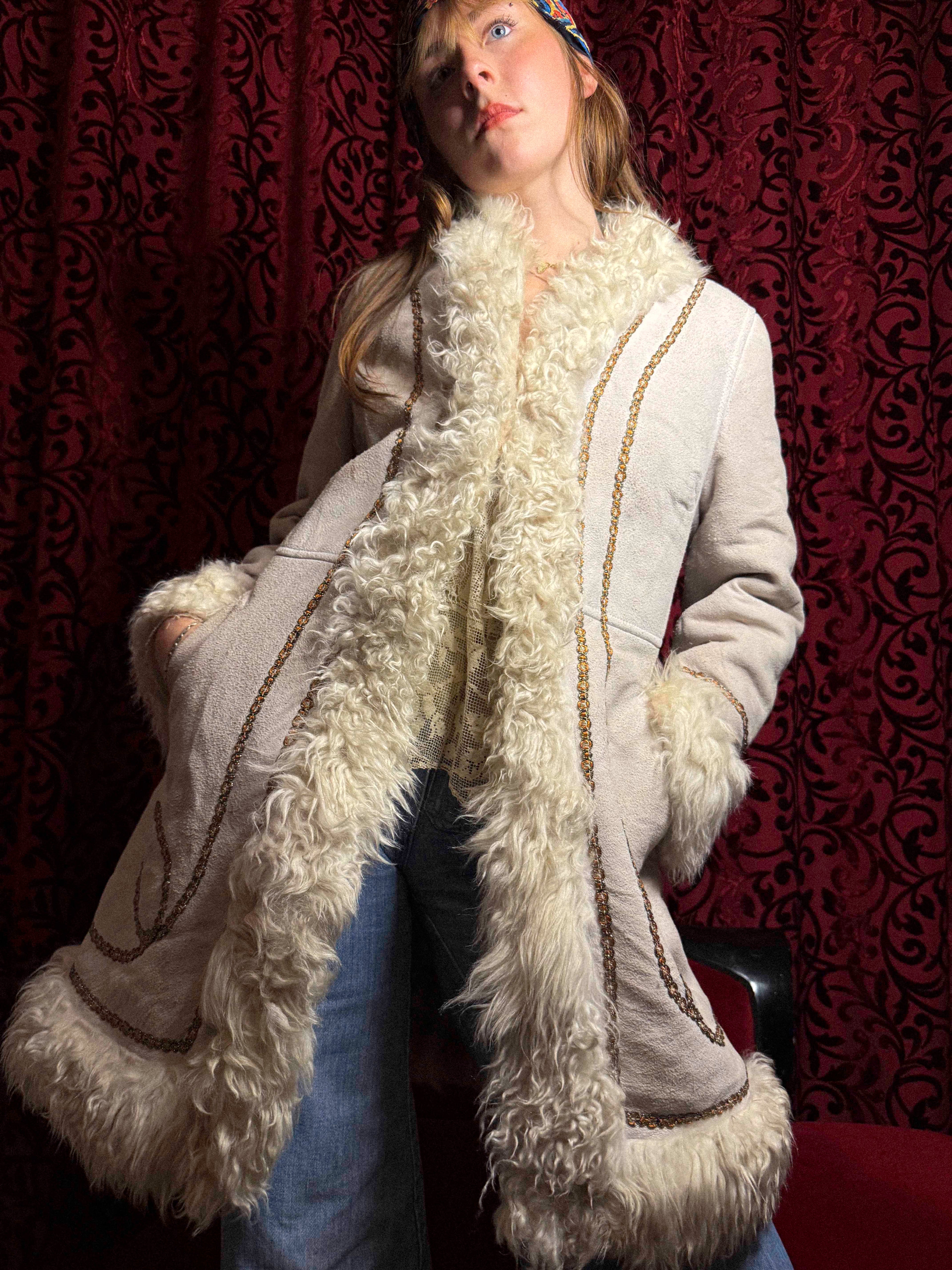 Rare 1970s Mongolian Sheepskin Coat in Soft Cream Suede