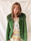 Vintage 1970s Emerald Green Suede Jacket with Toscana Fur Collar by Giles Bret