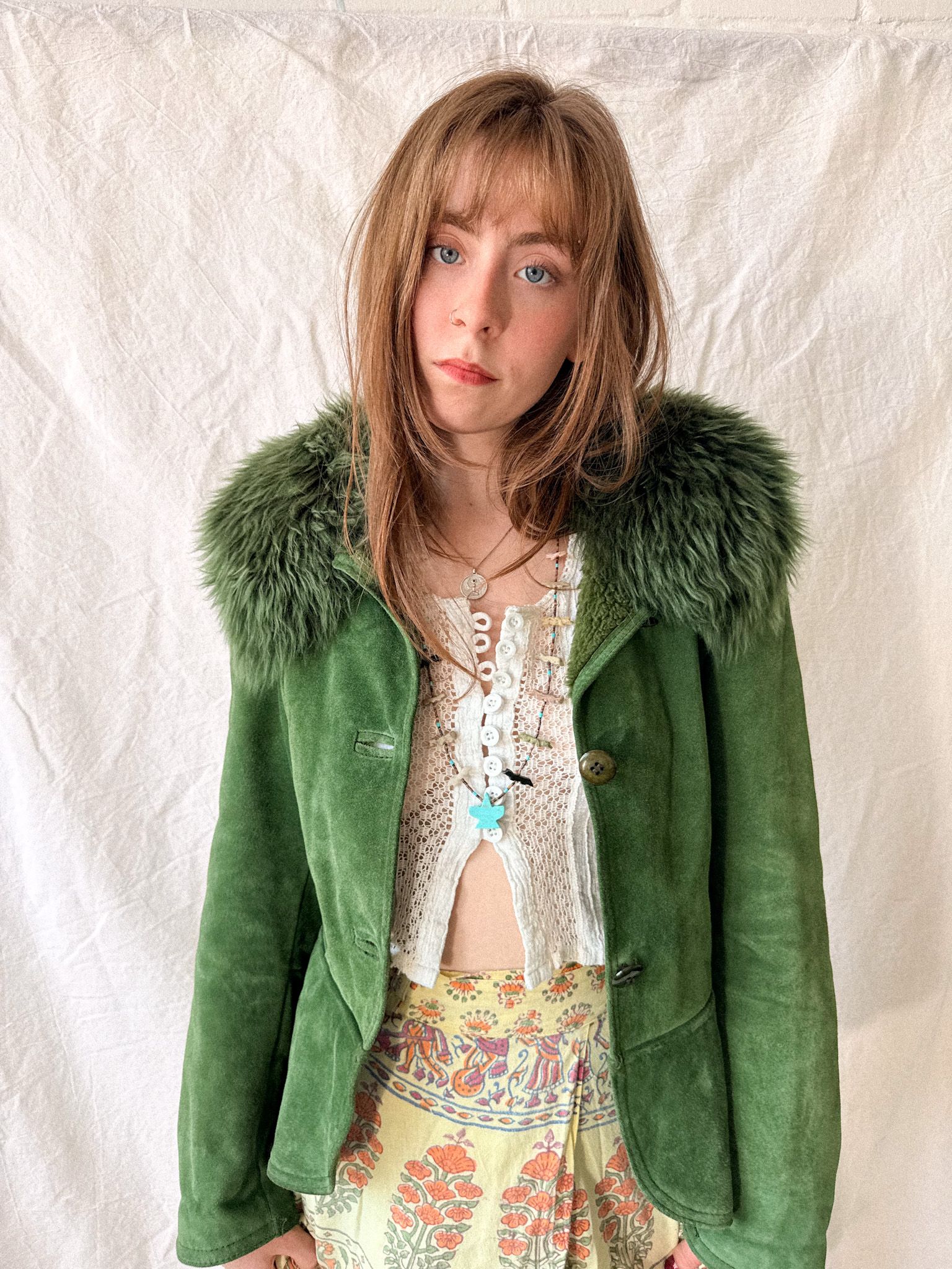 Vintage 1970s Emerald Green Suede Jacket with Toscana Fur Collar by Giles Bret