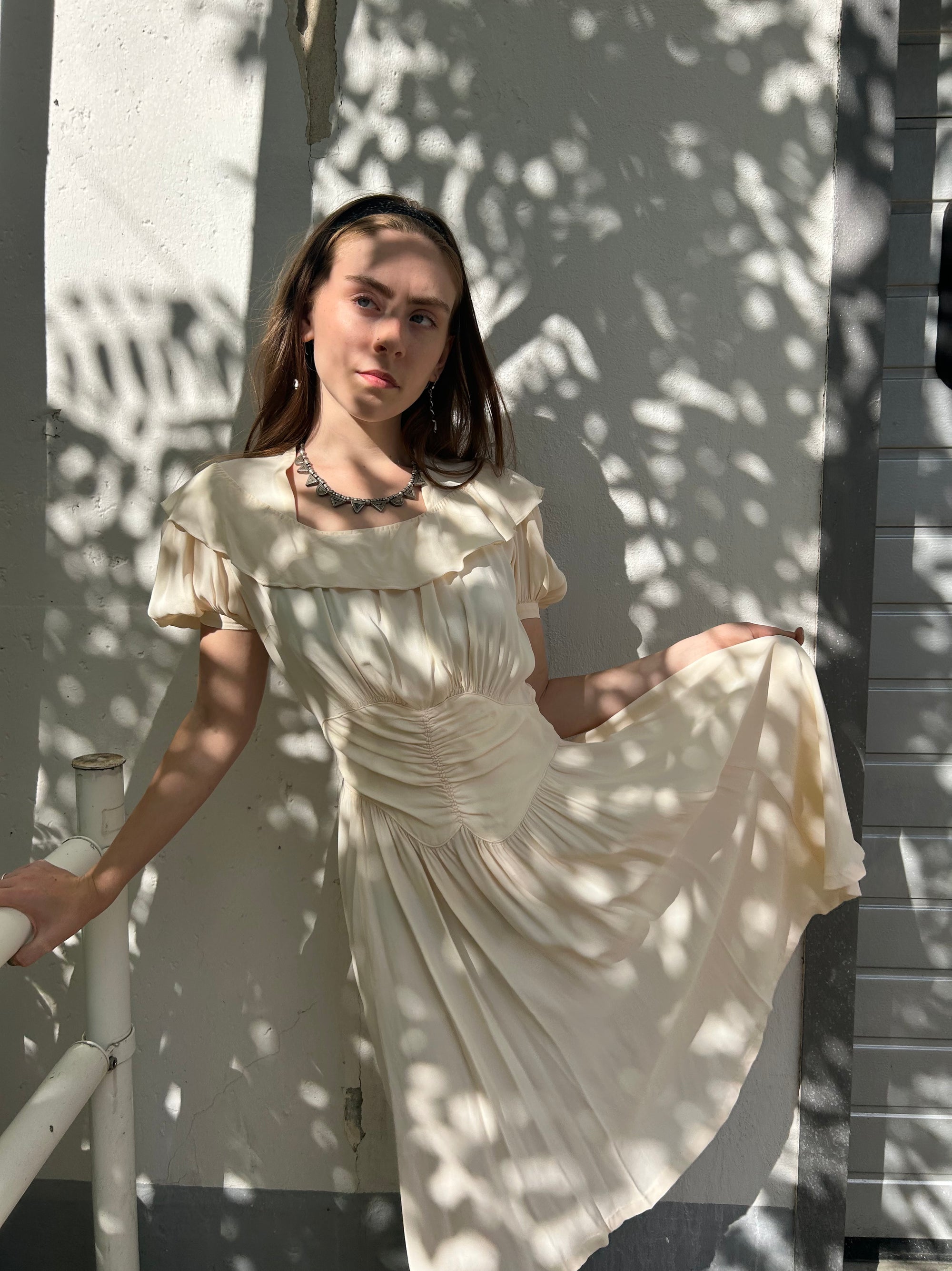 1930s Rayon Crepe Light Apricot Ruffled Dress