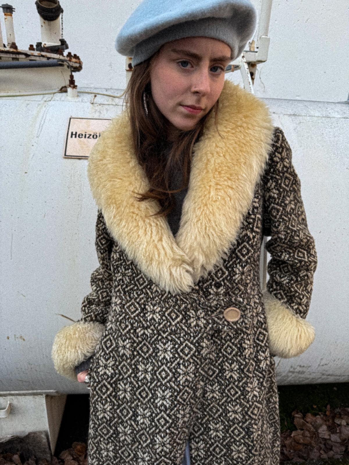 1970s Mark Russell England Wool Tapestry Penny Lane Coat with Shearling