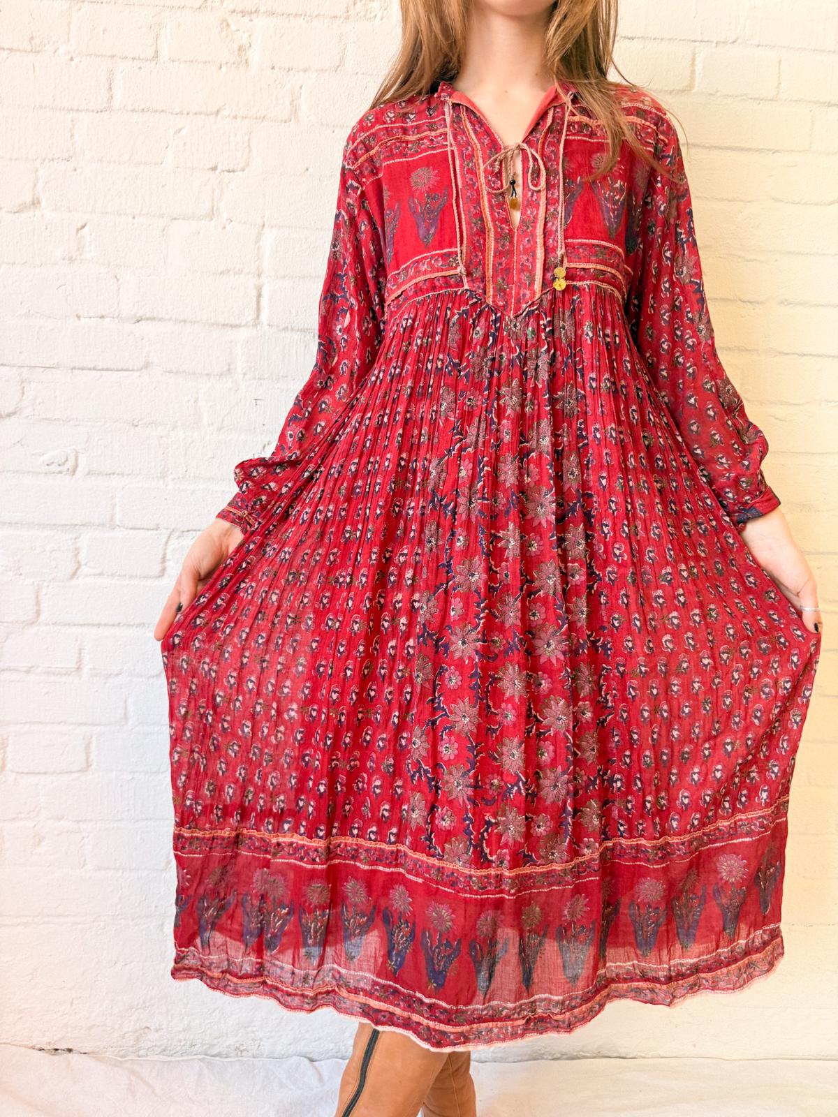 1970s Cotton Gauze Indian Block Print Midi Dress