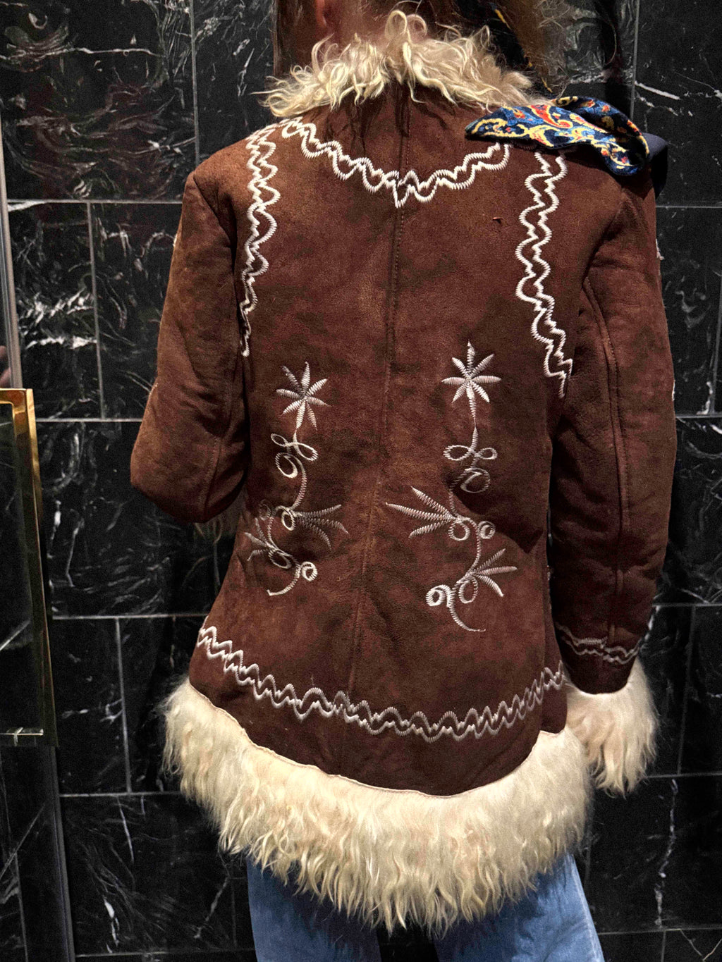 1970s Afghan Shearling Coat – Chocolate Brown with Creamy Trims and Ivory Embroidery