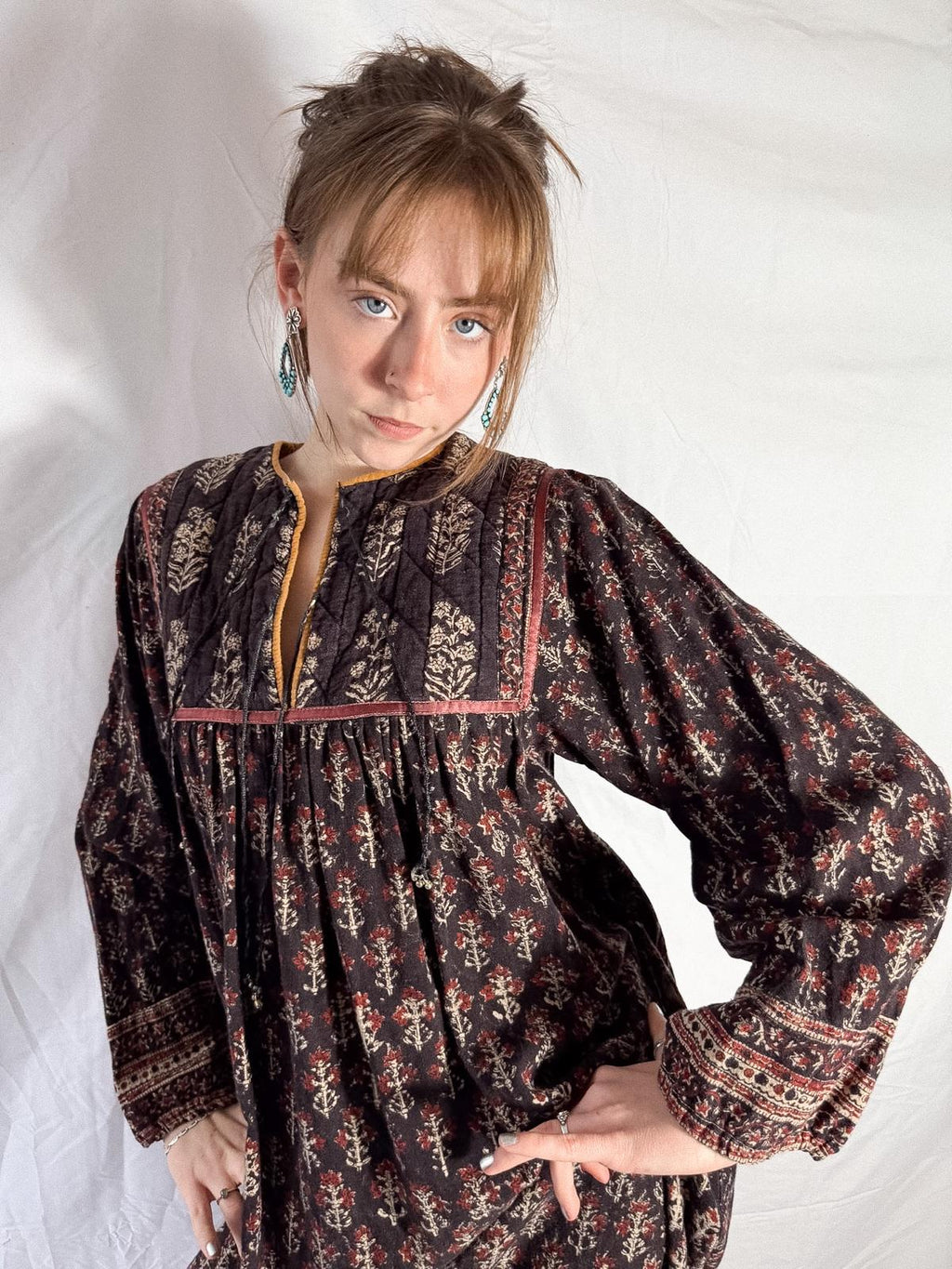 1970s Indian Block Print Cotton Dress with Quilted Yoke and Hem