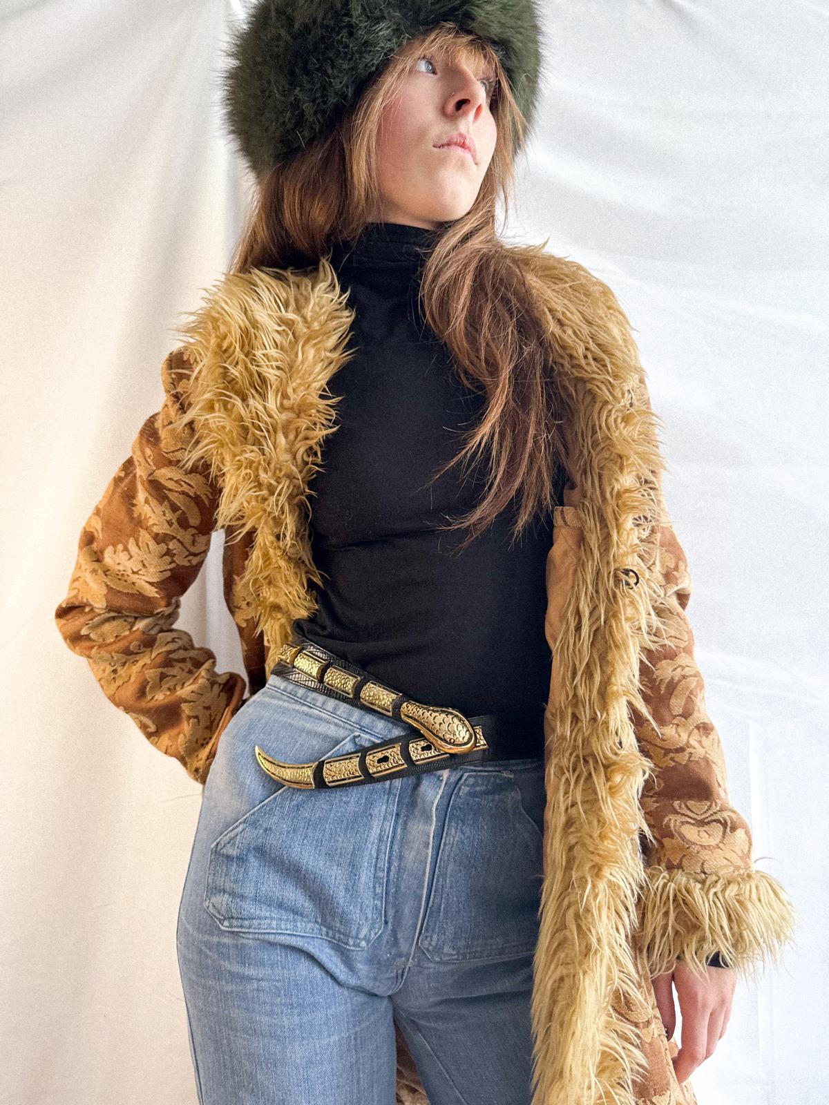 1970s Brocade Afghan Style Penny Lane Coat with Faux Fur Trim