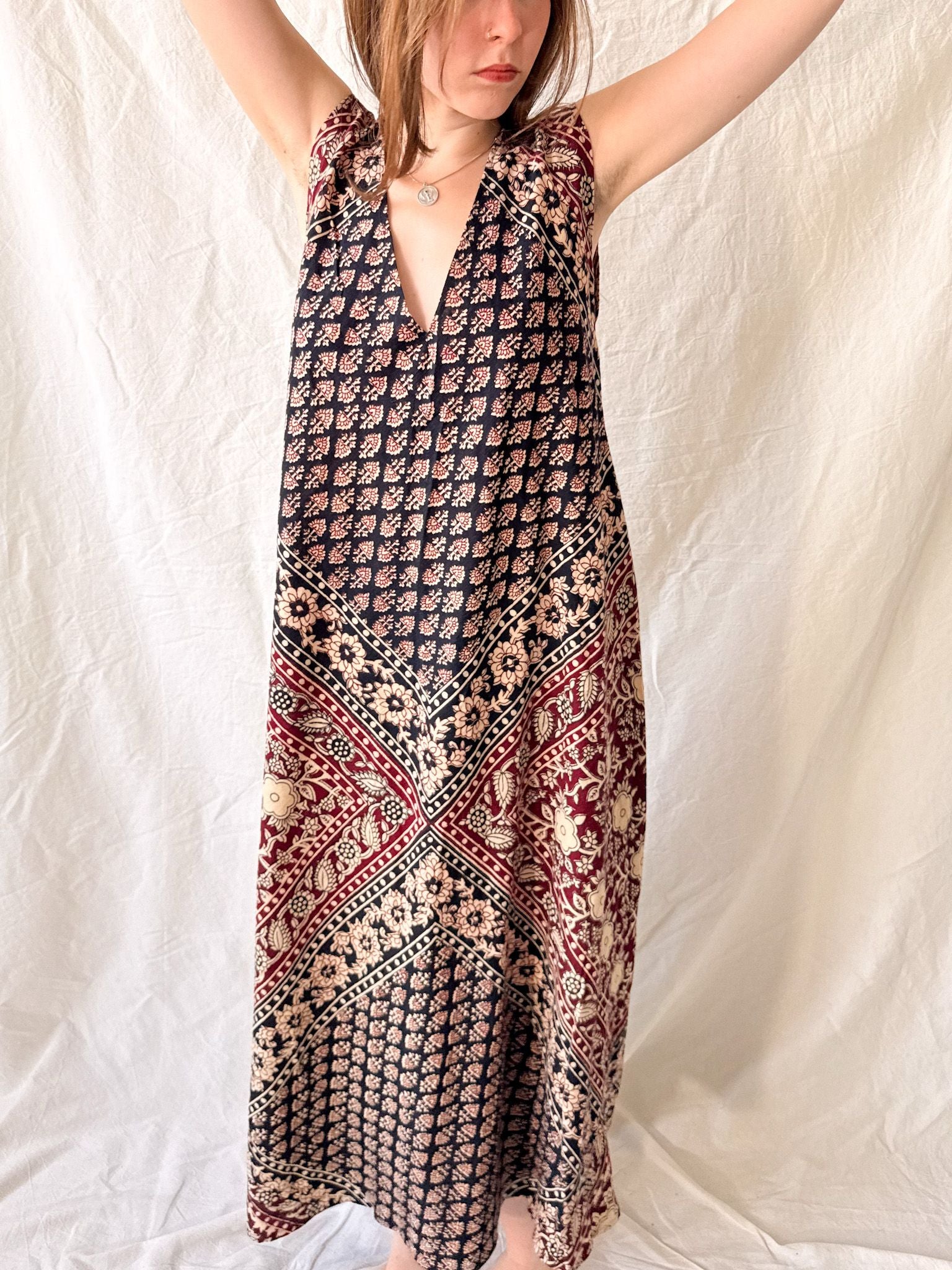 1970s Indian Block Print Cotton Caftan Dress