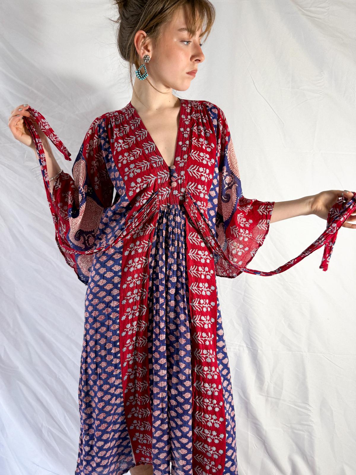 1970s Indian Cotton Gauze Block Print Dress with Angel Sleeves