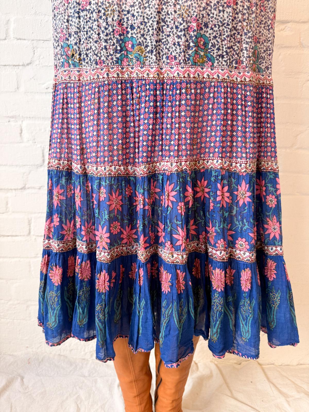 Vintage Late 1970s Adini Indian Cotton Floral Tiered Midi Dress