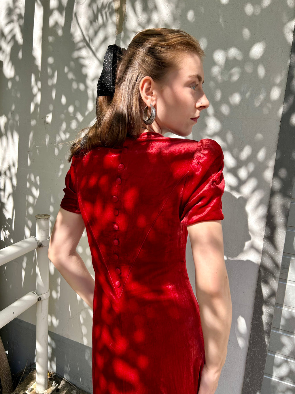 Crimson Silk velvet late 1930s / early 40s Button-Up Dress