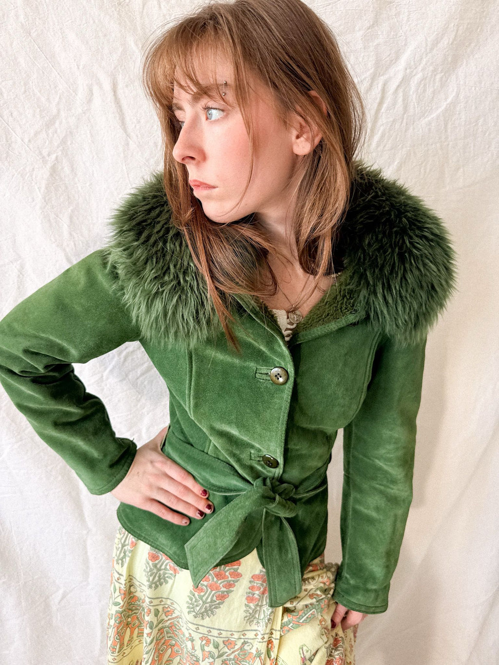 Vintage 1970s Emerald Green Suede Jacket with Toscana Fur Collar by Giles Bret