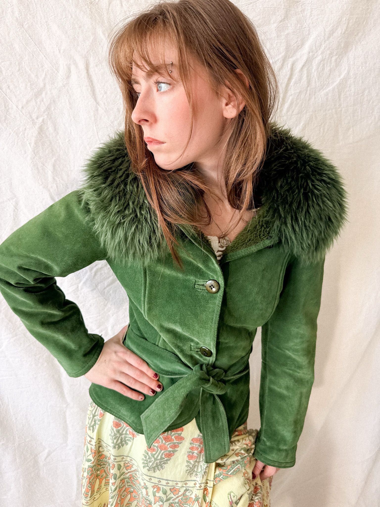 Vintage 1970s Emerald Green Suede Jacket with Toscana Fur Collar by Giles Bret