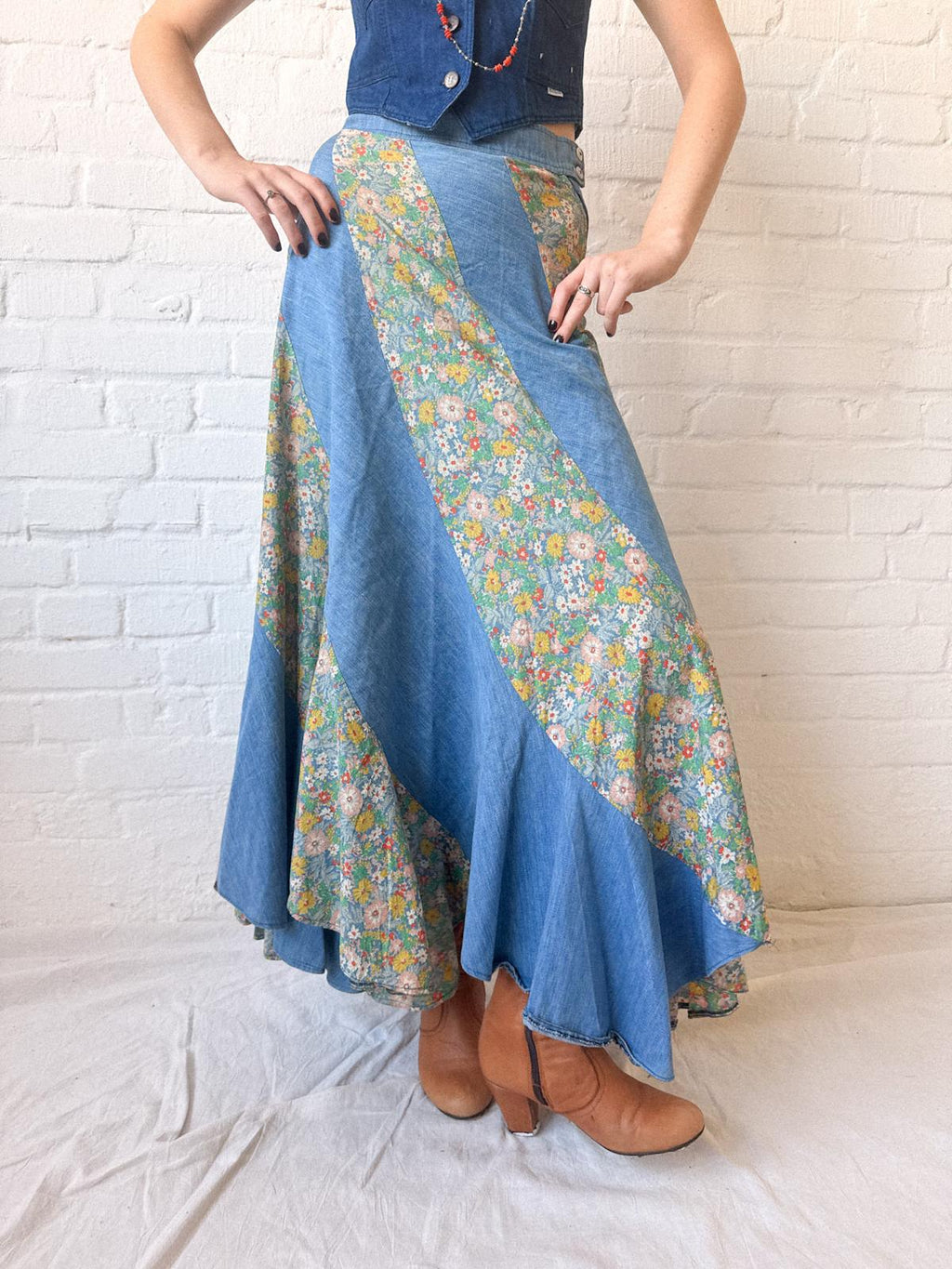 1970s Asymmetrical Patchwork Chambray & Floral Maxi Skirt