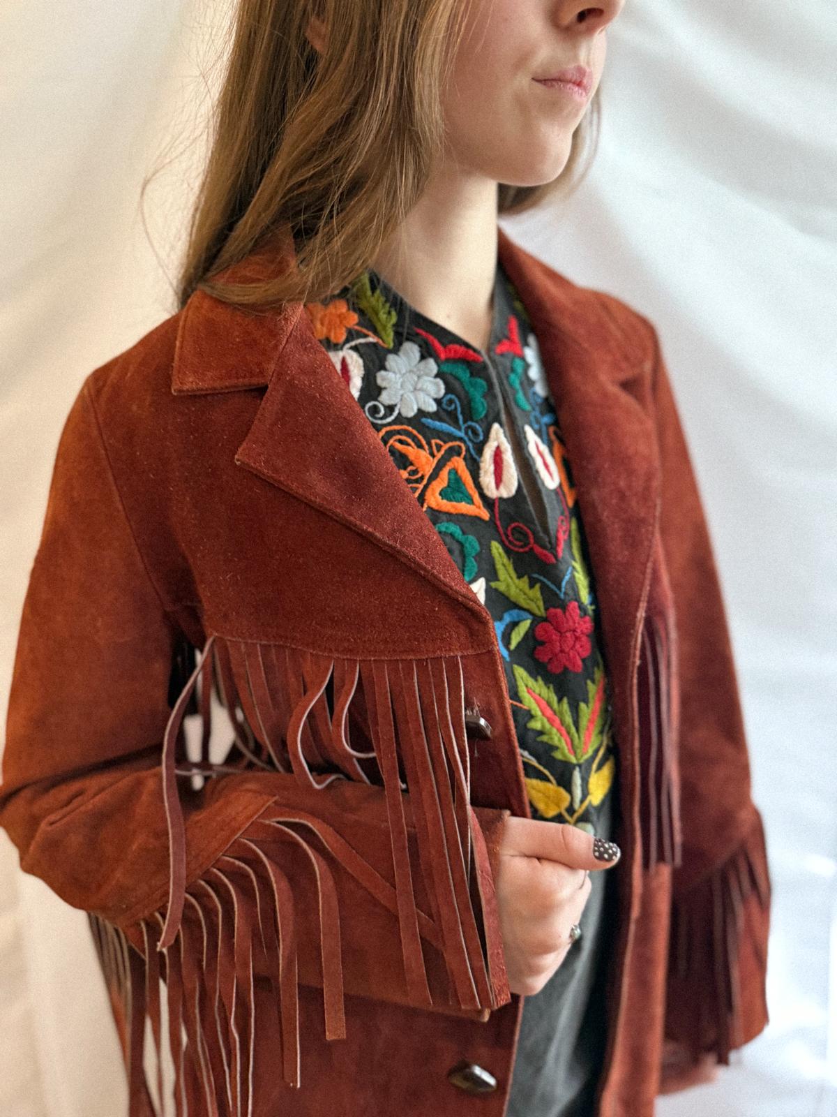 1960s Mexican Suede Fringe Jacket in Berry Rust Red