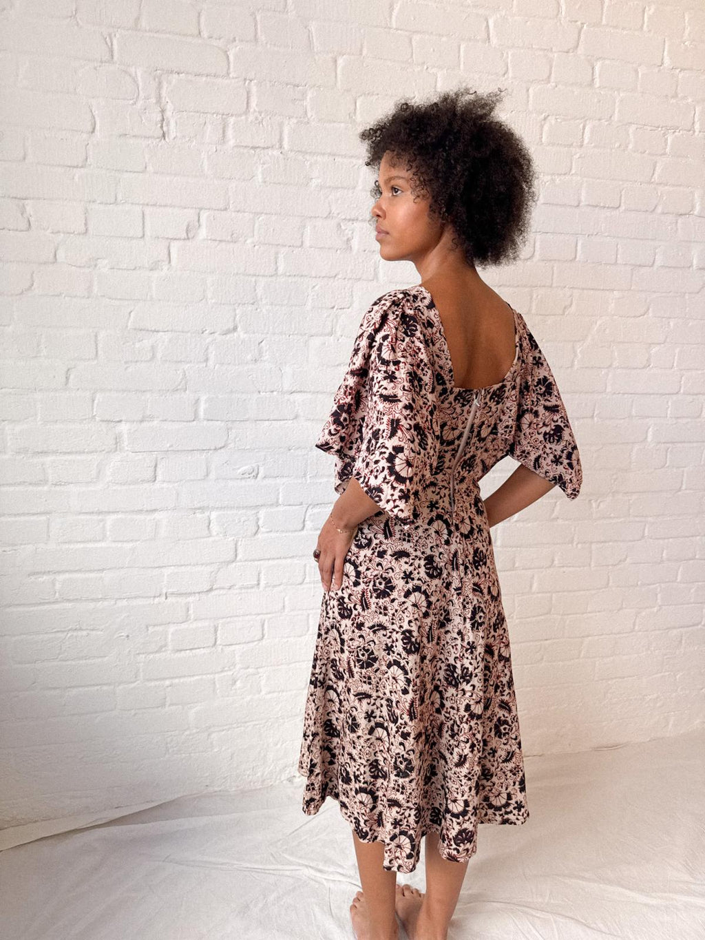 1970s Indian Block Print Cotton Dress with Butterfly Sleeves