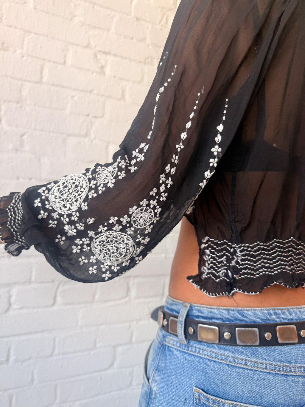 1920s–30s Eastern European Black Cotton Batiste Embroidered Folk Blouse