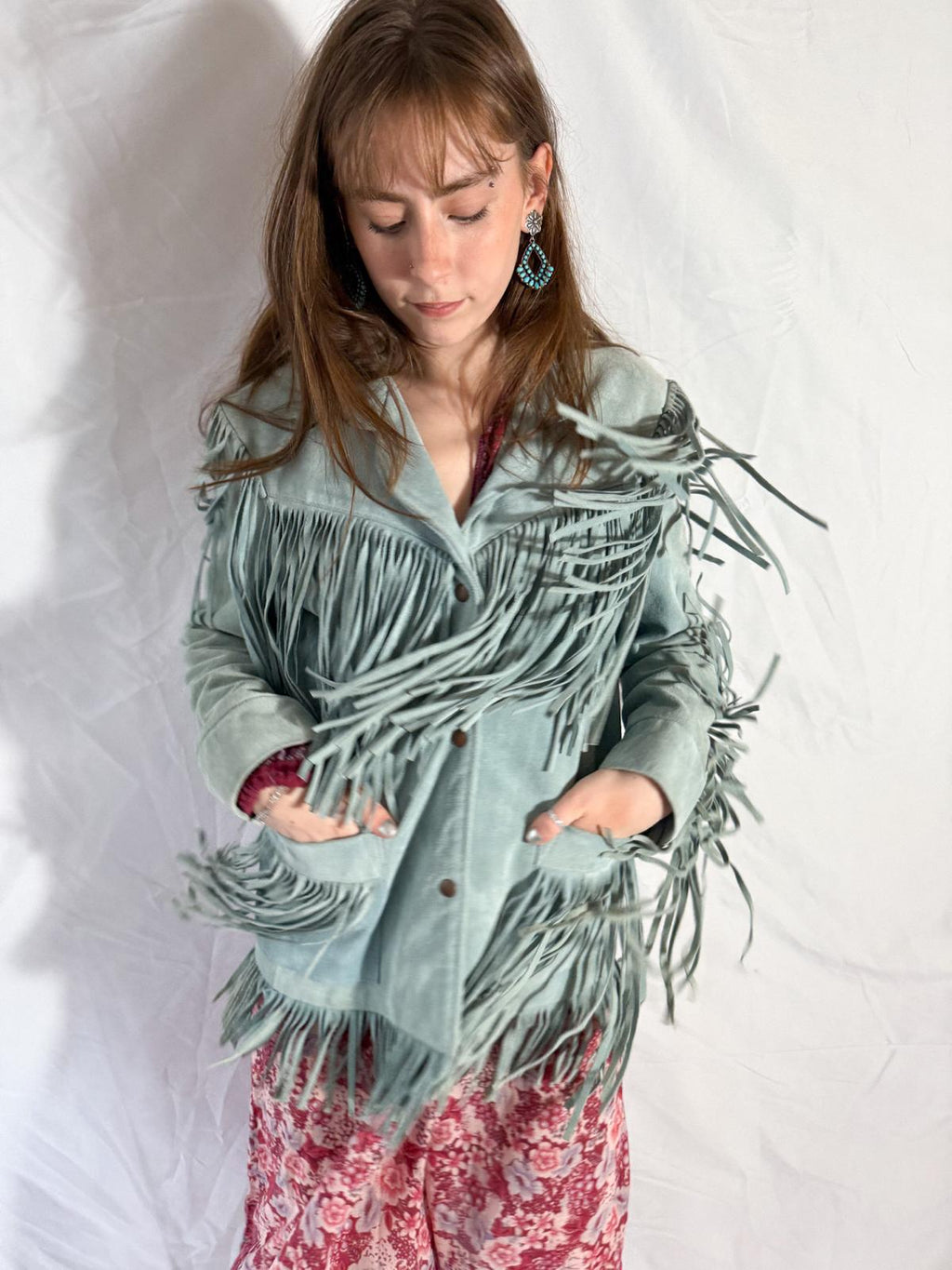 1970s Mint Green Suede Fringe Jacket