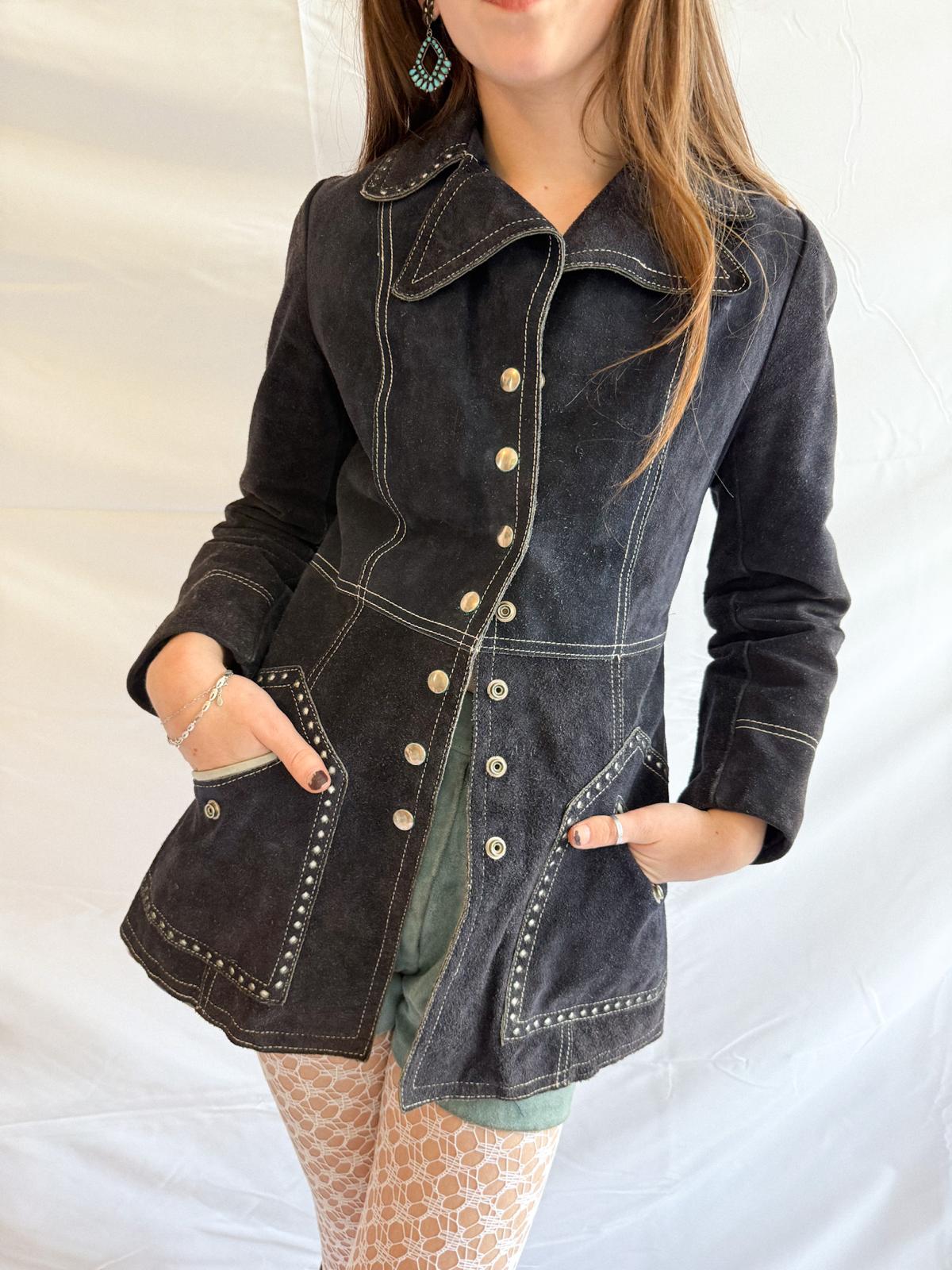 RESERVED FOR TUSIA Suede Jacket – Vintage Navy Fitted Leather Coat with Contrast Stitching