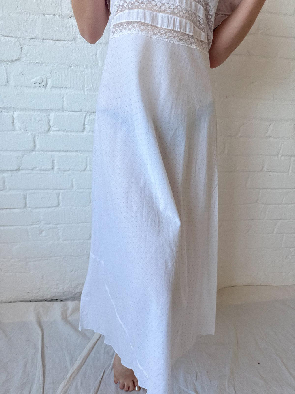 1930s White Cotton & Lace Nightdress | Pink Polka Dot Bias-Cut Dress