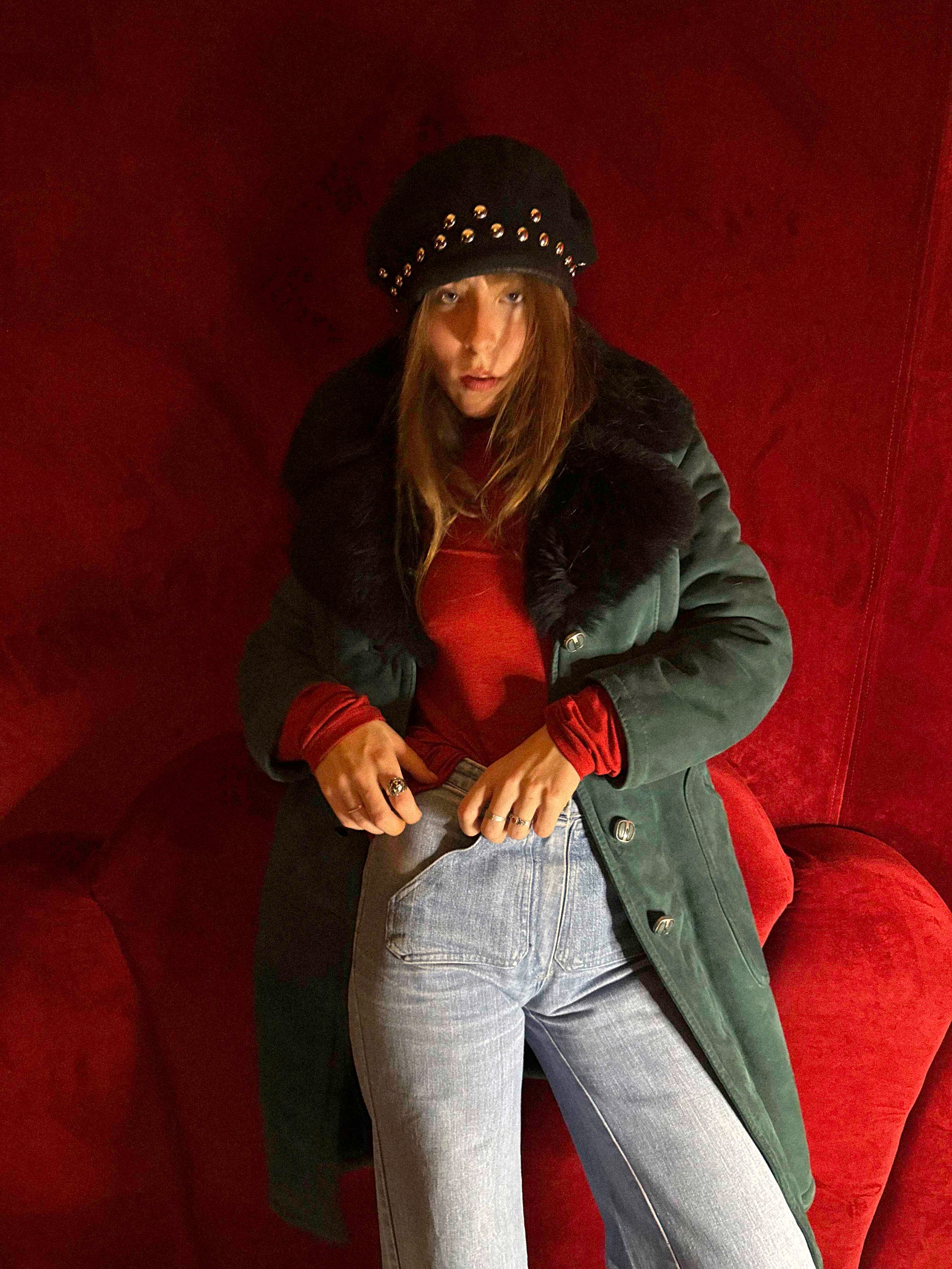 1970s Teal Green Shearling Penny Lane Trench Coat with Black Fur Collar – Soft Suede &amp; Ornamental Buttons