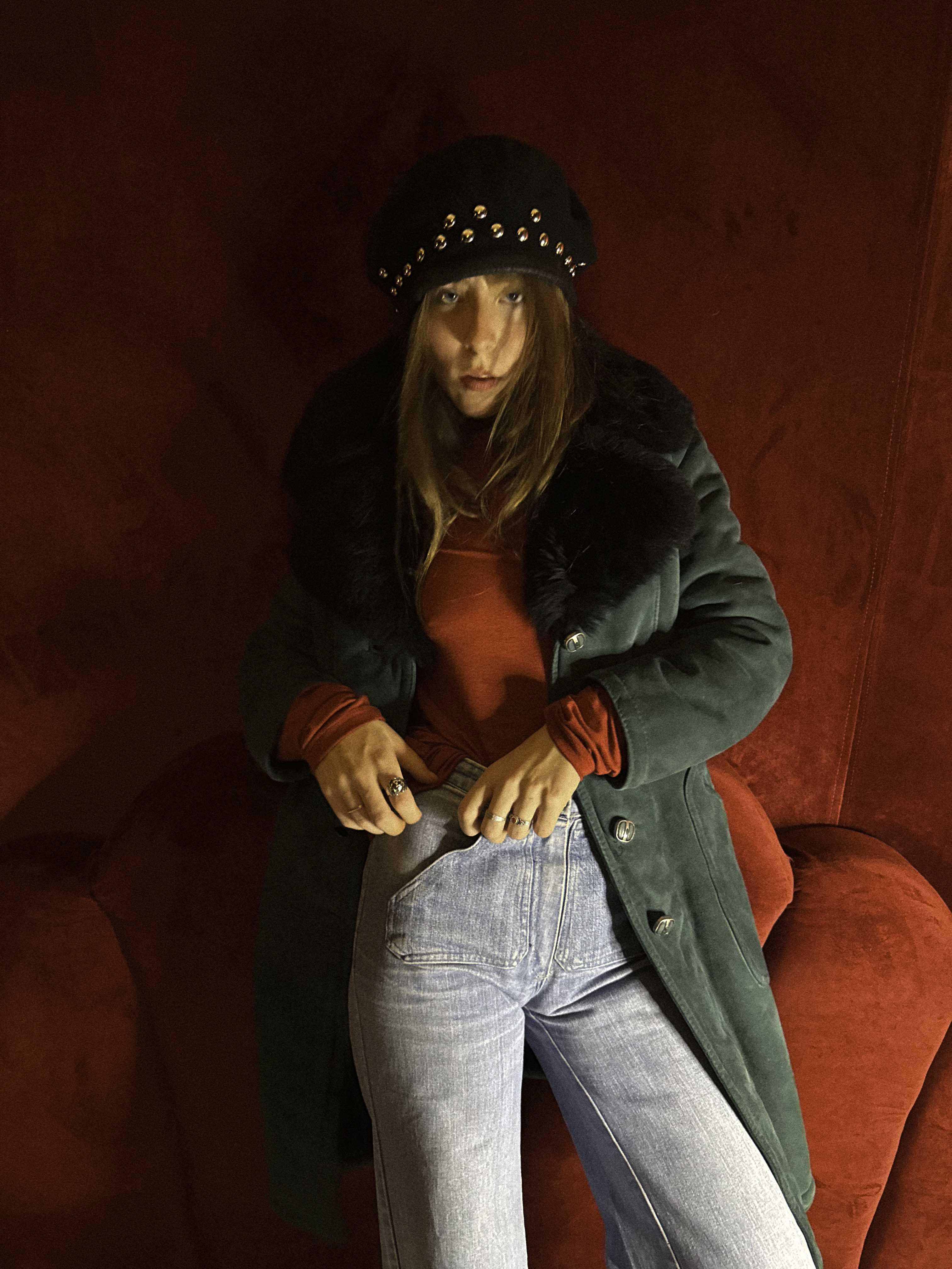 1970s Teal Green Shearling Penny Lane Trench Coat with Black Fur Collar – Soft Suede &amp; Ornamental Buttons