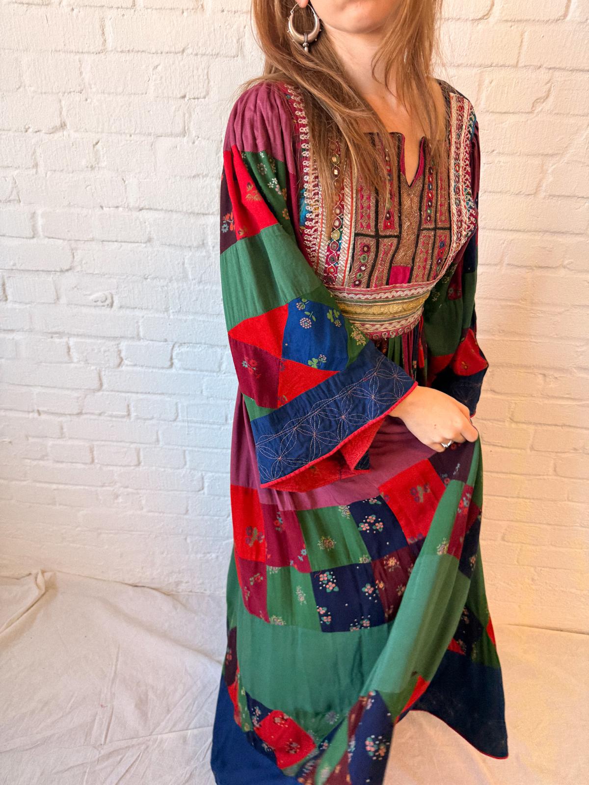 1970s Afghan-Style Patchwork Maxi Dress with Mirrorwork Embroidered Bodice