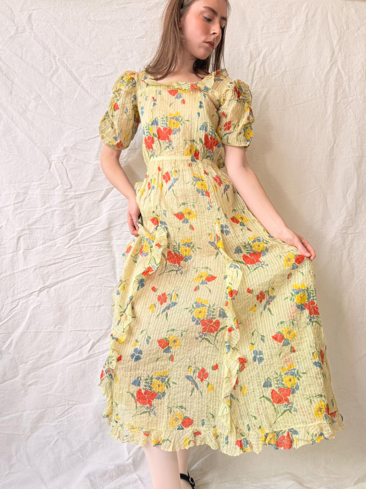 1930s Semi-Sheer Crinkled Rayon Taffeta Party Dress