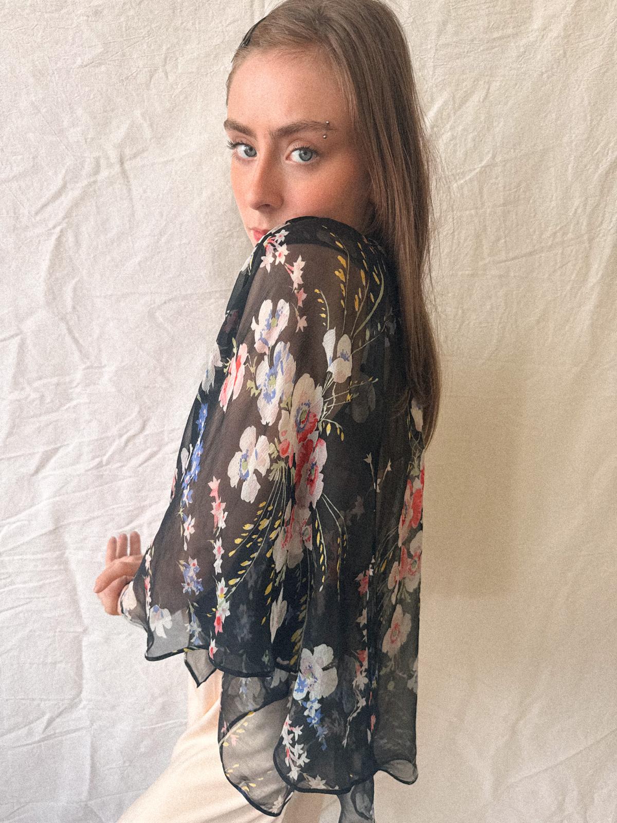 1930s Floral Silk Chiffon Cape Jacket/Bolero