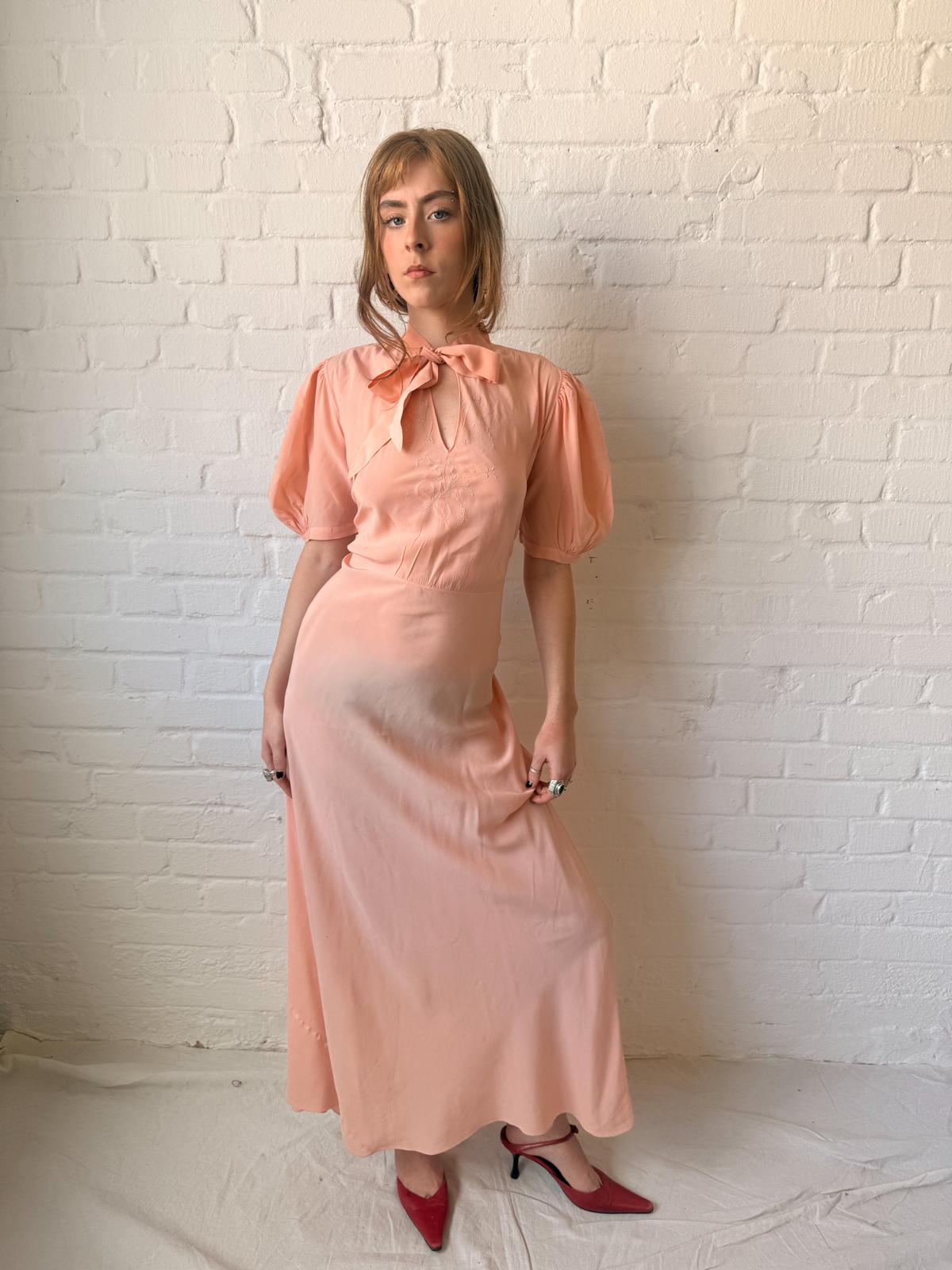 1930s Salmon Pink Silk Bias Cut Maxi Nightgown with Pussy Bow & Embroidery