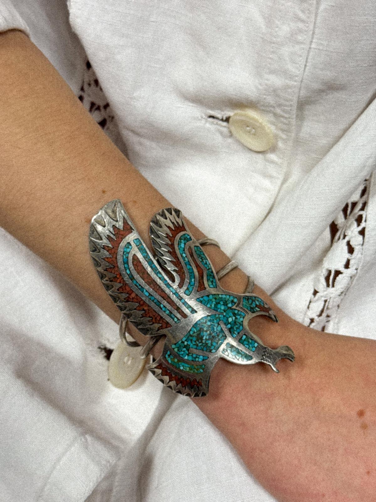 1960s–70s Southwestern Thunderbird Cuff in Sterling Silver with Turquoise and Coral Chip Inlay (HMIJ, Gilbert Ortega Shop)