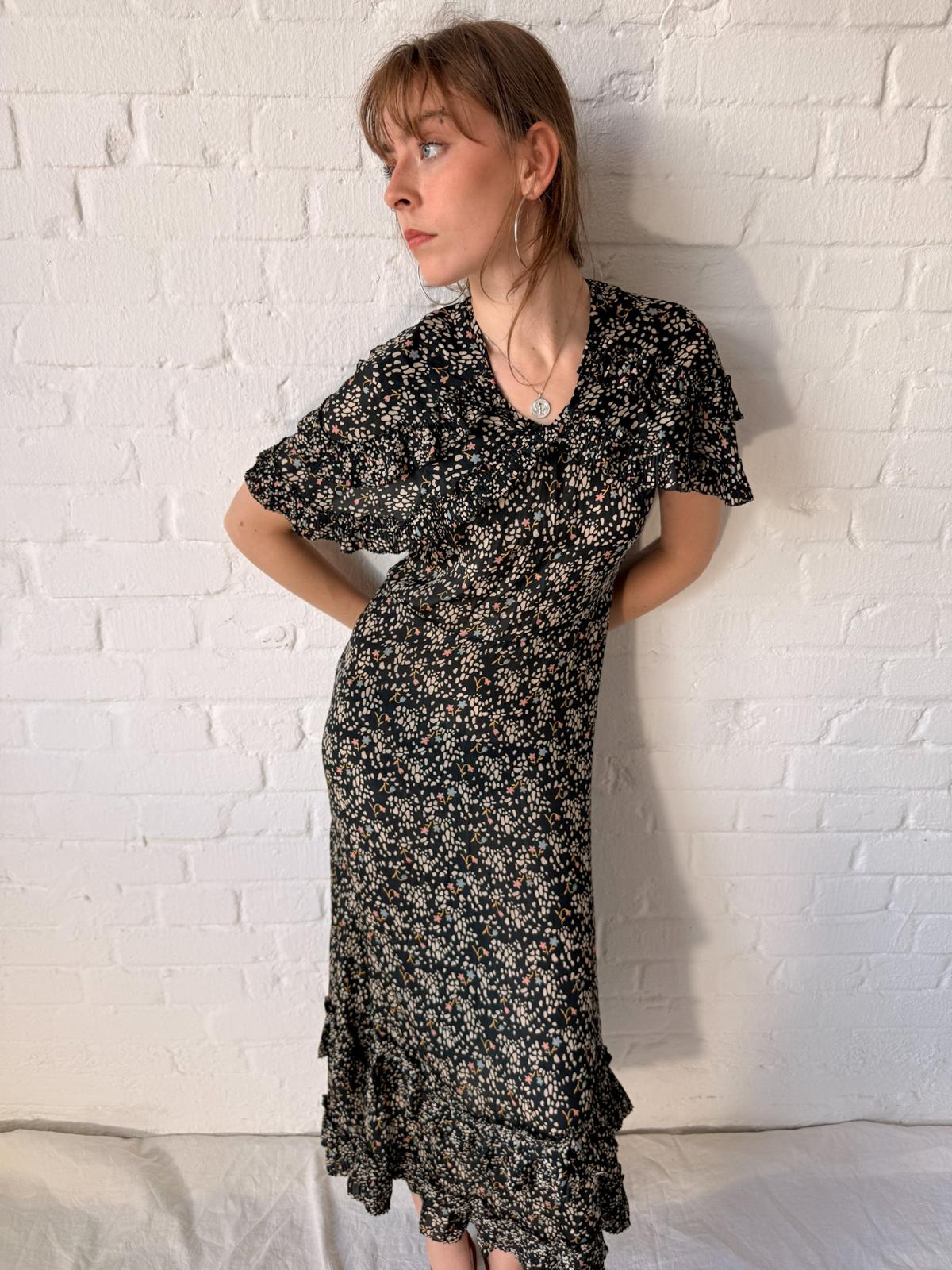 1920s Black Silk Voile Capelet Dress with Pleated Ruffle Hem | Flapper Day Dress | Rare Antique Silk Dress