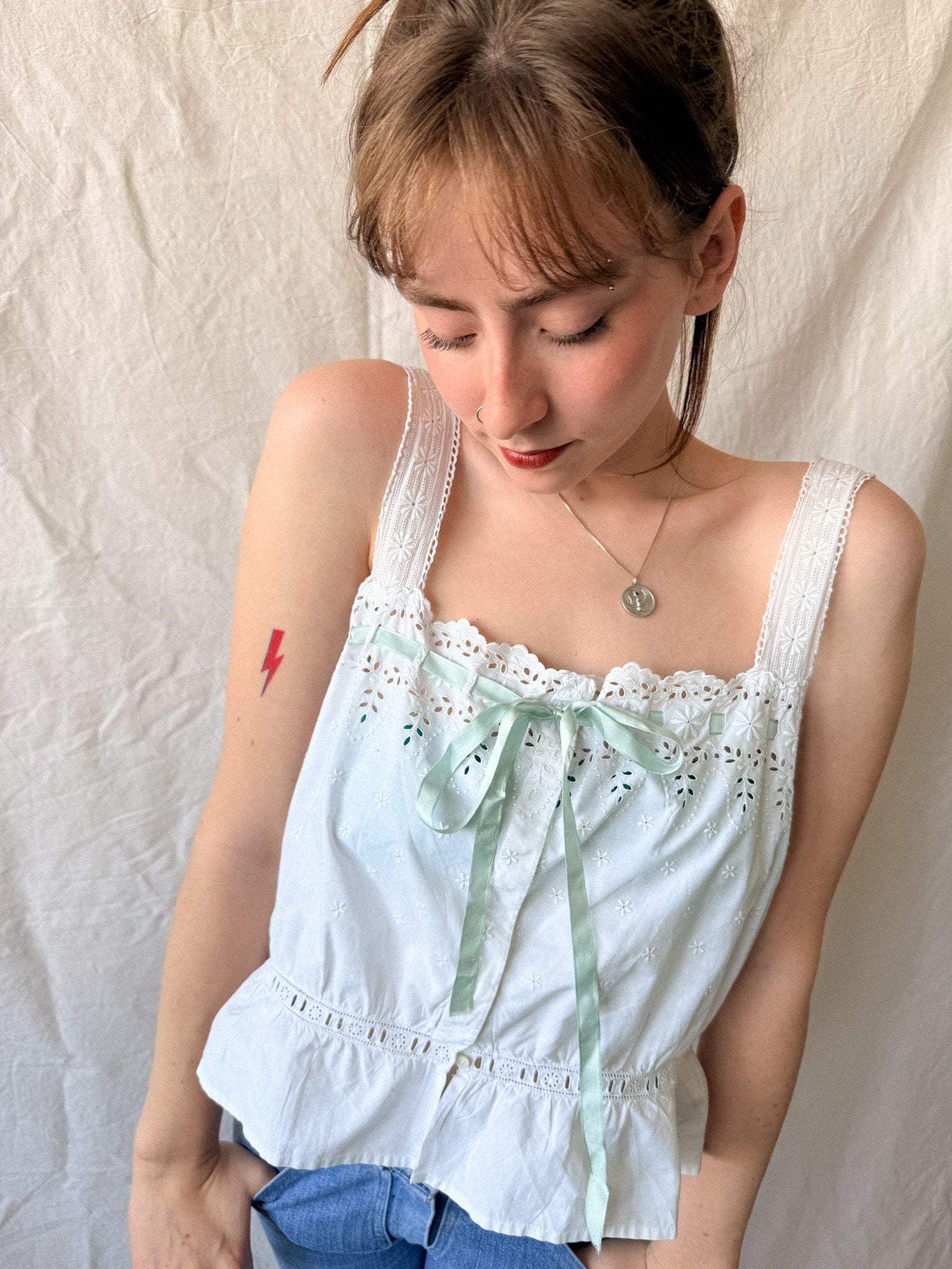 Edwardian Broderie Anglaise CottonnCorset Cover with Ribbon
