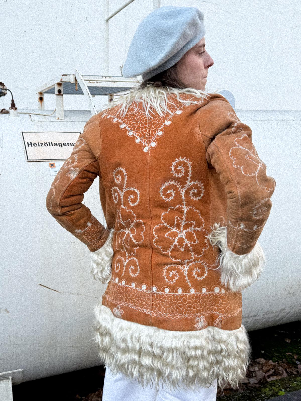 Rare 1960s/70s Afghan Penny Lane Sheepskin Hippie Coat with Floral Embroidery