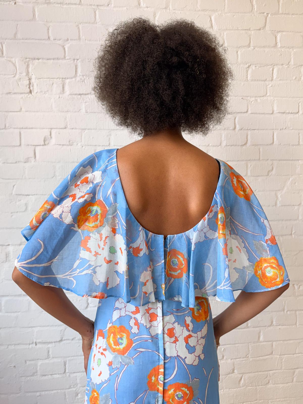 1960s–70s Hawaiian Floral Maxi Dress with Flutter Capelet
