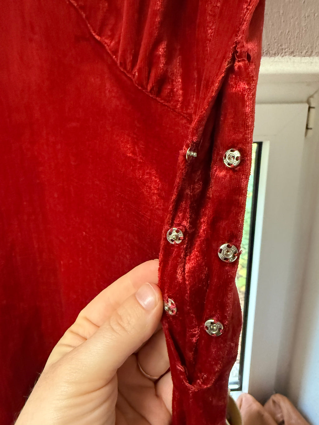Crimson Silk velvet late 1930s / early 40s Button-Up Dress