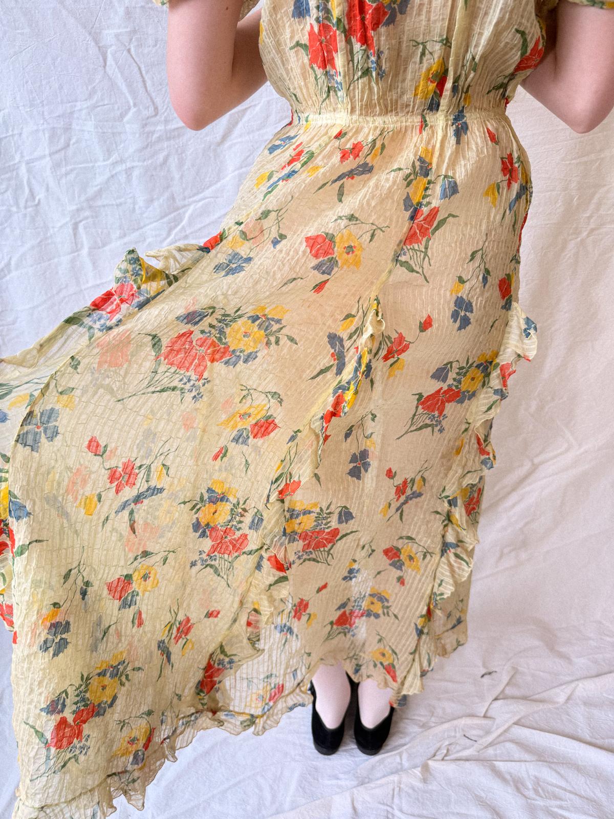 1930er halbdurchsichtiges Partykleid aus gekräuseltem Rayon-Taft