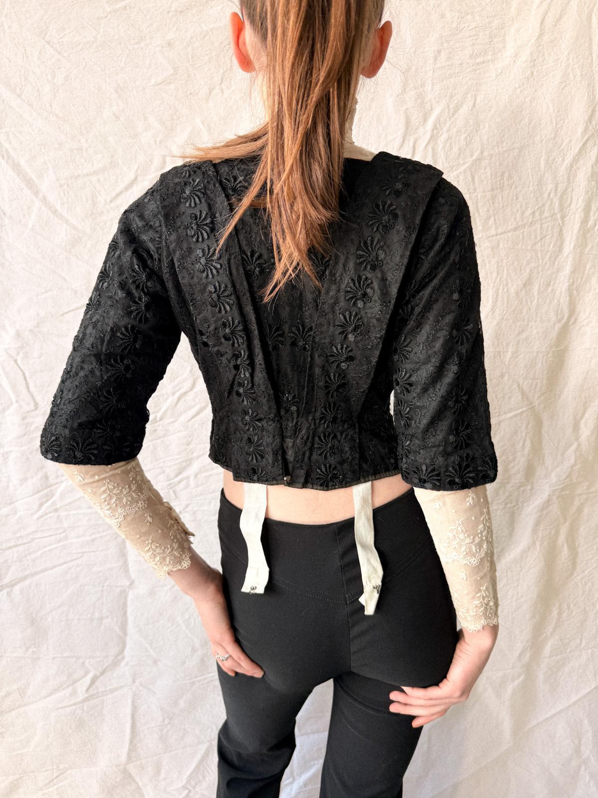 Victorian / Early Edwardian Black Silk & Lace Boned Bodice | Antique Embroidered Jacket | c. 1895–1910