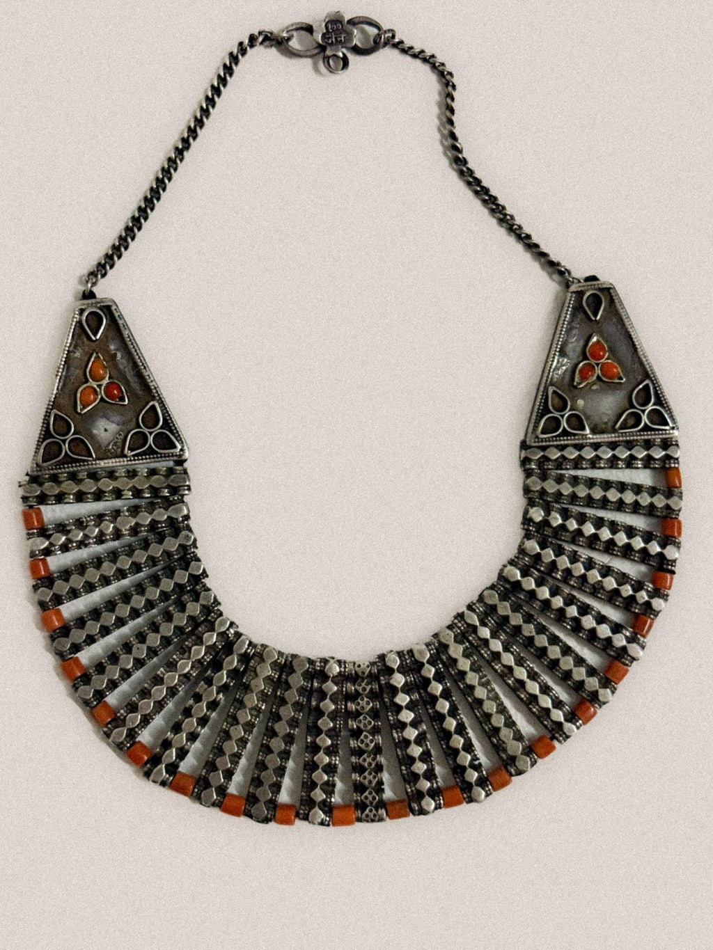 Vintage 1970s Tribal .900 Silver Fan Necklace with Red Glass Beads — India