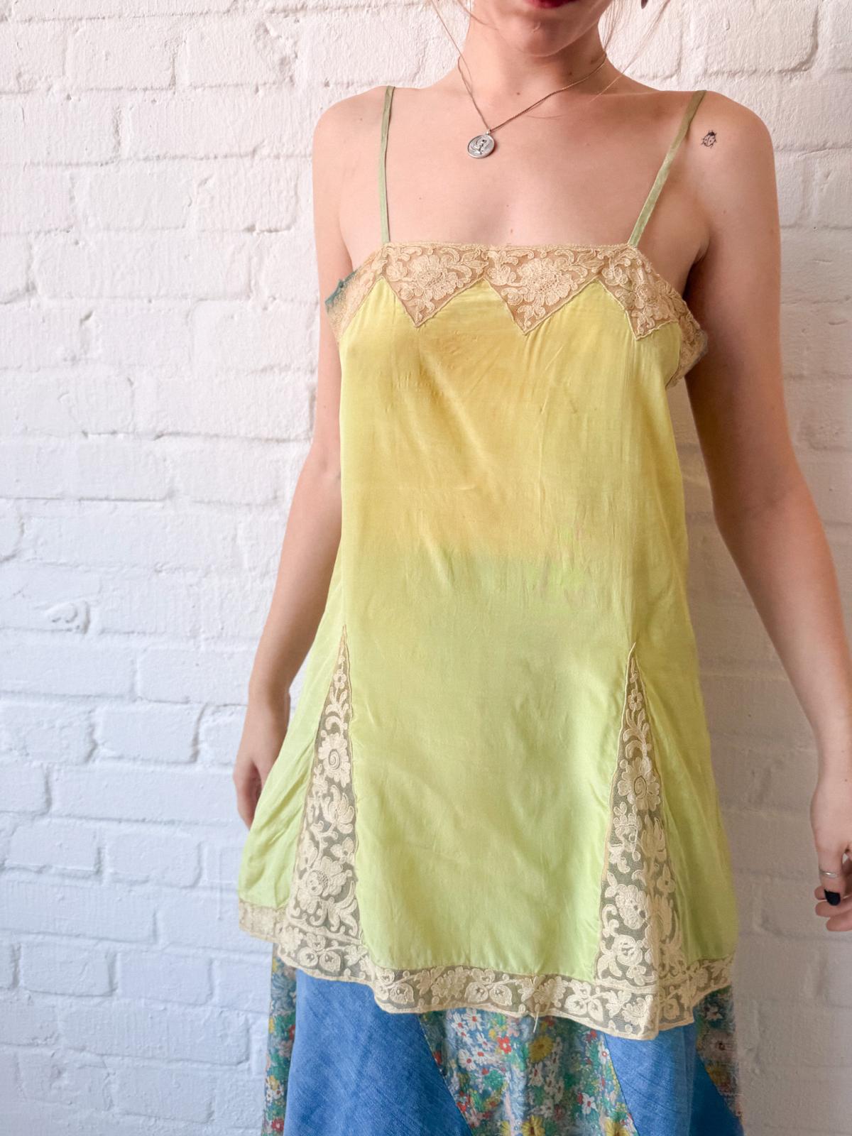 Antique 1920s Chartreuse Silk Lingerie Slip with Lace￼