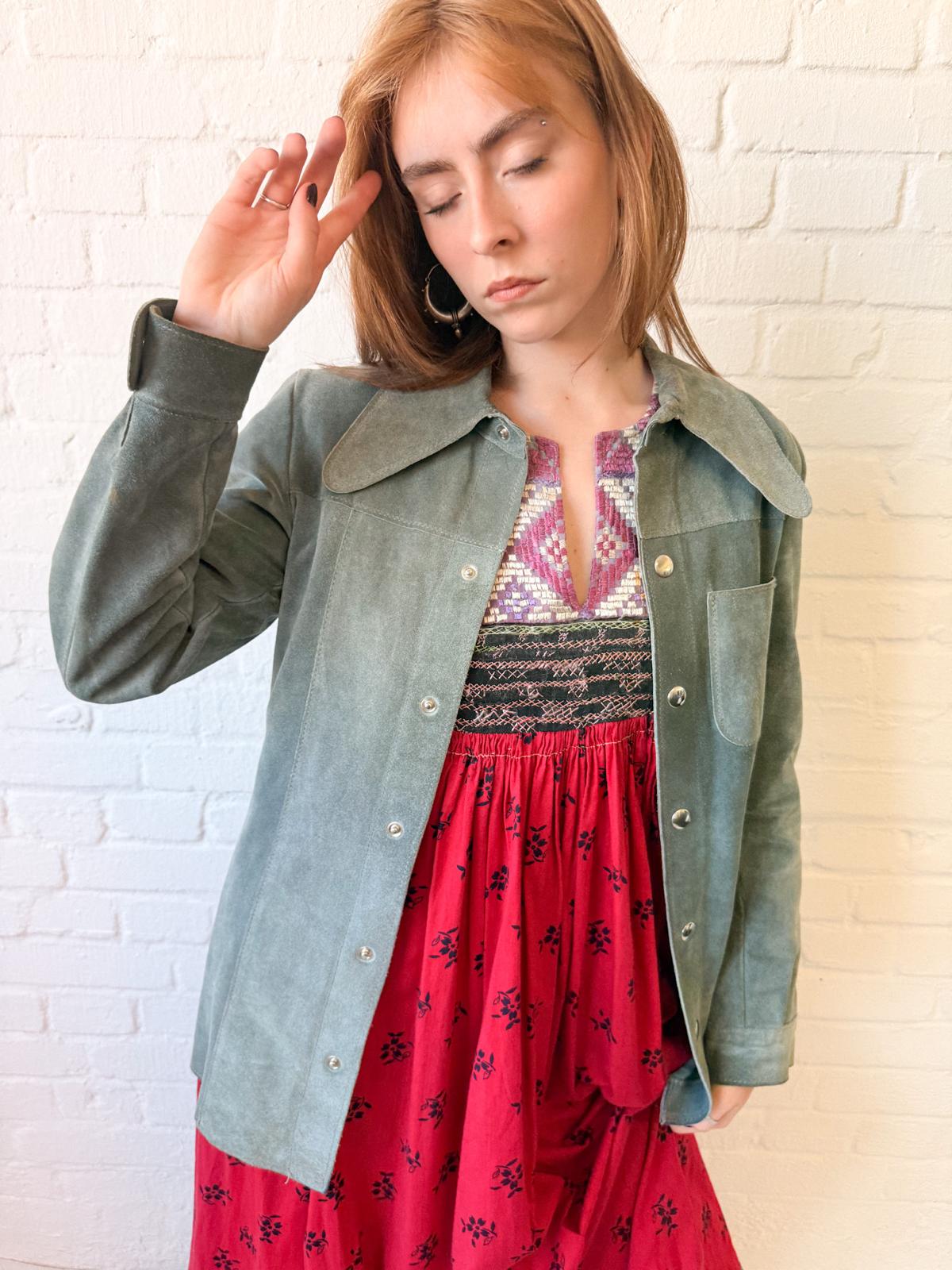 1970s Ice Blue Suede Dagger Collar Jacket Shirt