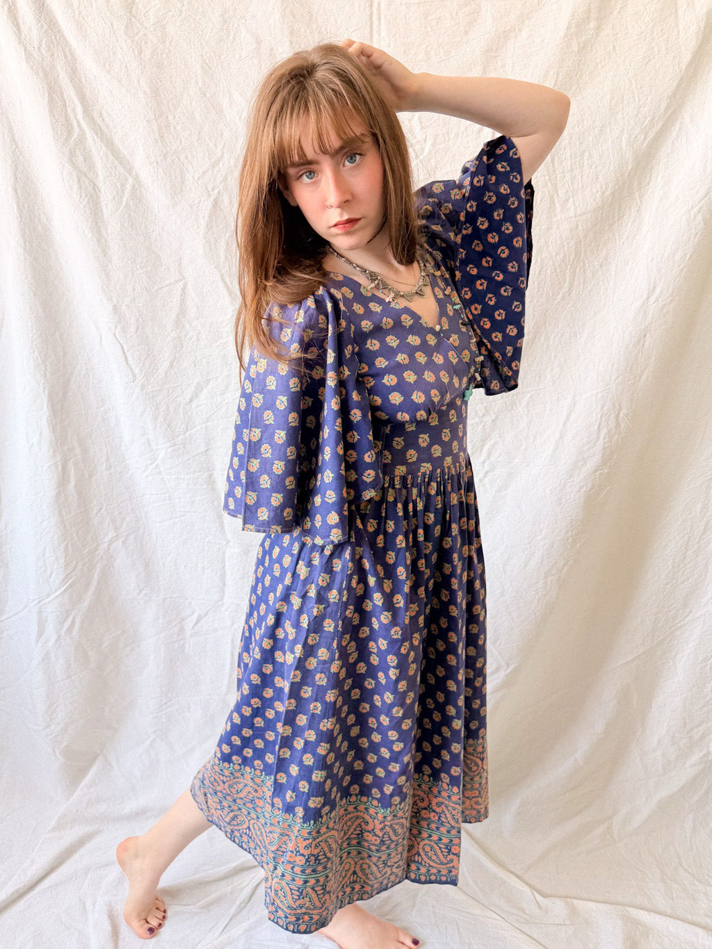 1970s West German Cotton Block Print Angel Sleeve Dress