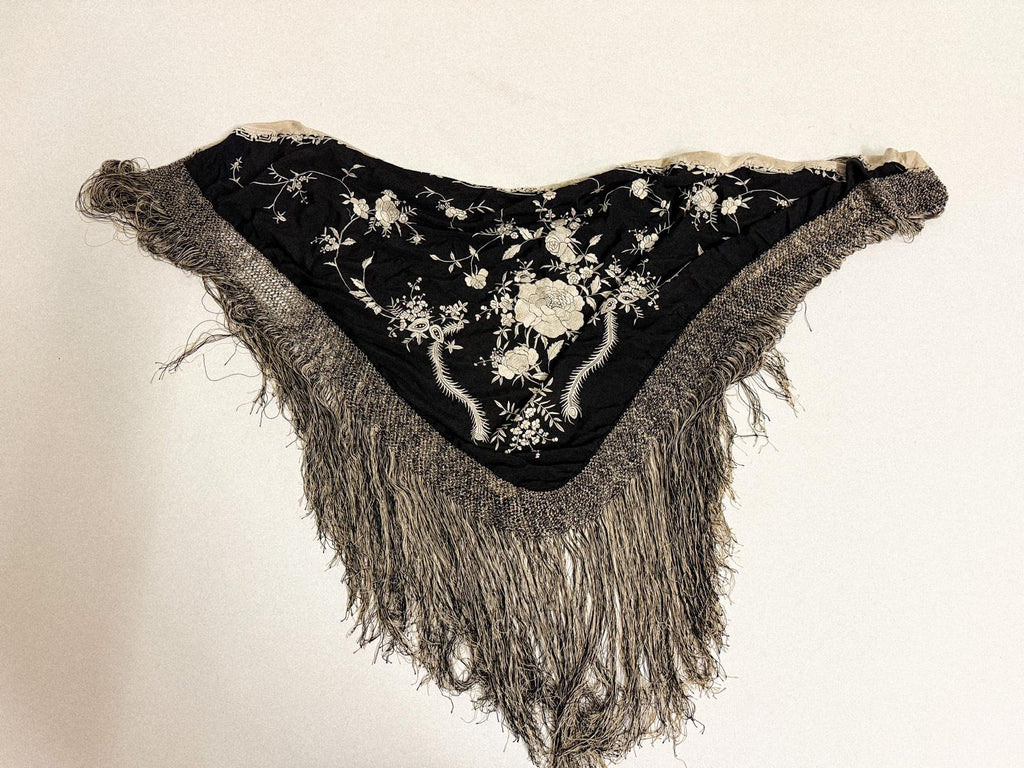 1920s Black & Ivory “Yin-Yang” Embroidered Silk Piano Shawl