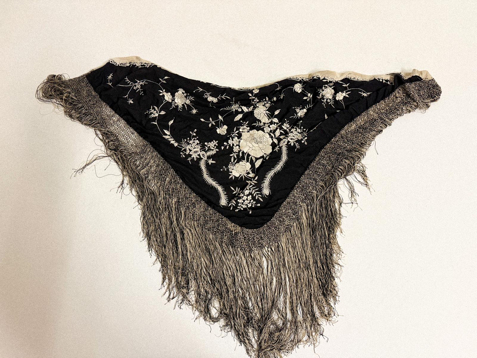 1920s Black & Ivory “Yin-Yang” Embroidered Silk Piano Shawl