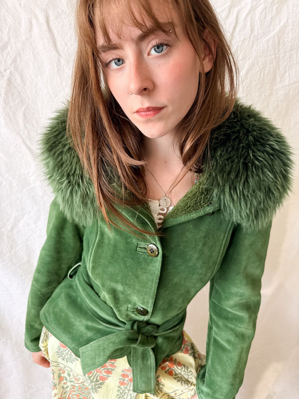 Vintage 1970s Emerald Green Suede Jacket with Toscana Fur Collar by Giles Bret