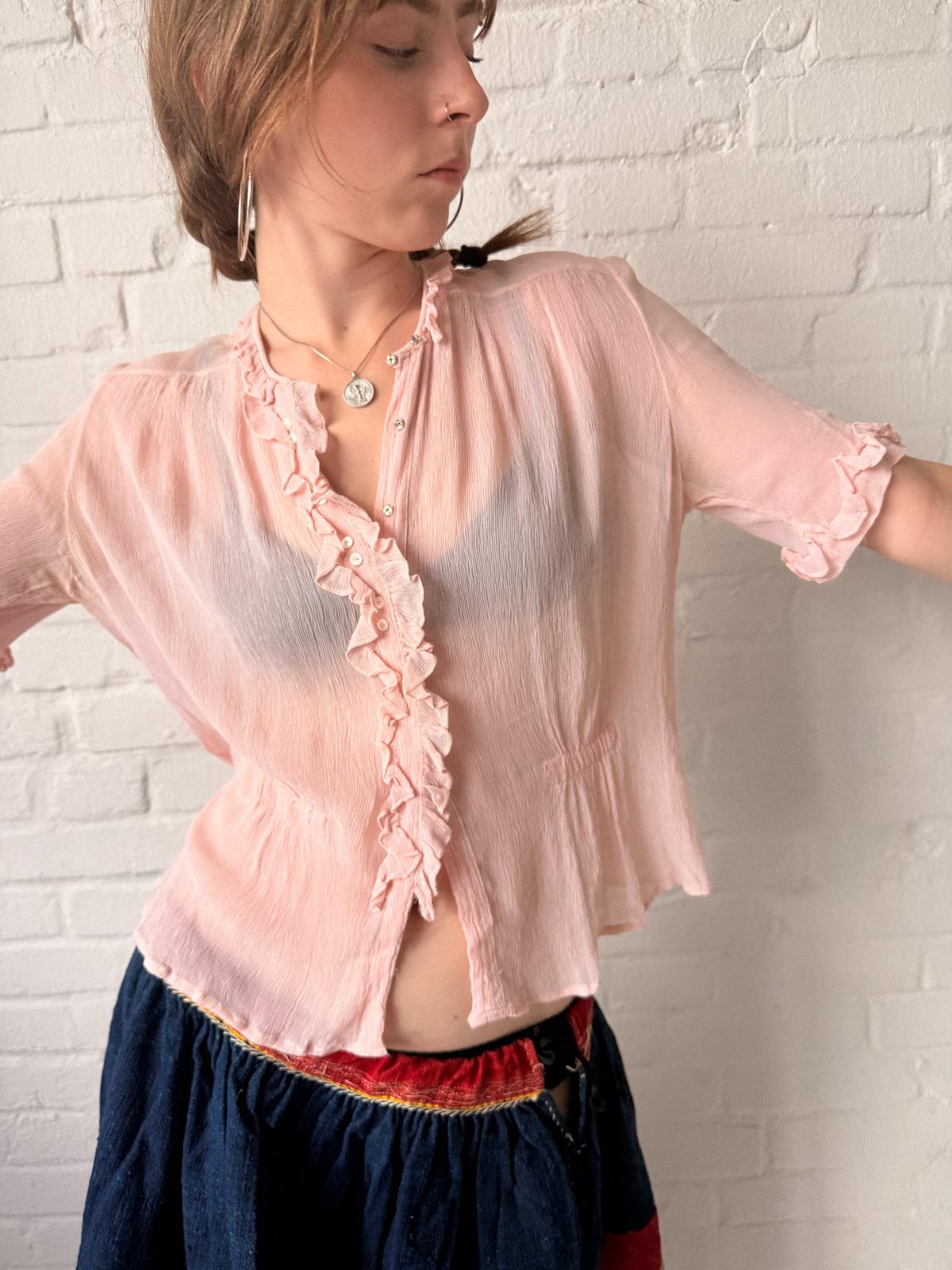 1930s Crinkled Pink Silk Blouse